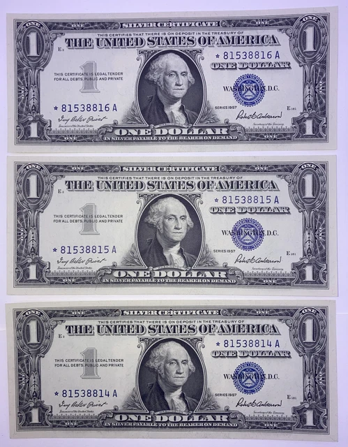 1957 Stars ($1)One Dollar  Silver Certificates Consecutive Set Of (3) Star Notes