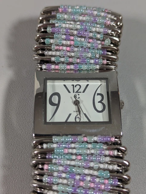 Charming Charlie White Dial Silver Tone Rectangle Case Stretch Safety Pin Watch