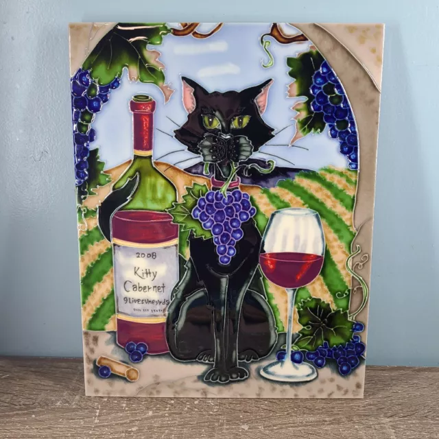 Kitty Cabernet Colorful Black Cat With Wine Wall Tile Large Winery Grapes Fun