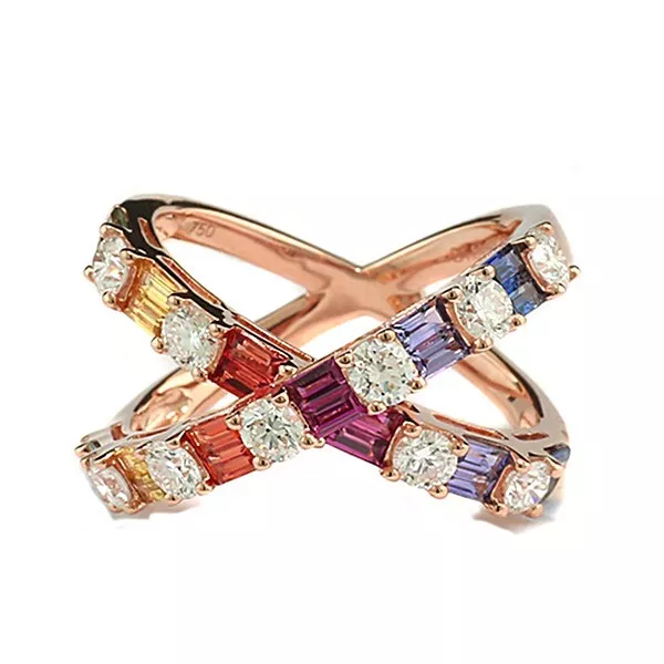 Criss Cross Saphir Brillant Anneau Arc-en-Ciel Couleur Type Coloré,750er or Rose 3