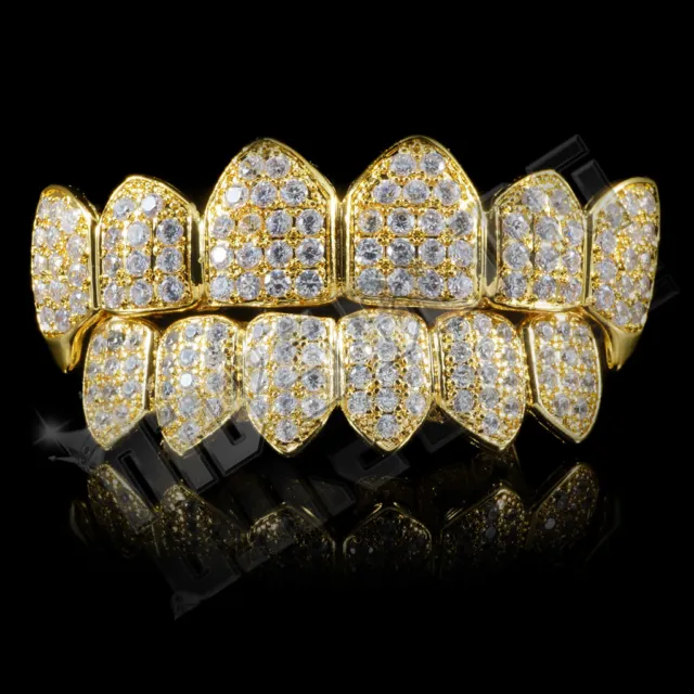 18K Gold Plated Custom Slugs CZ Vampire Fang Top Bottom GRILLZ Mouth Teeth Set