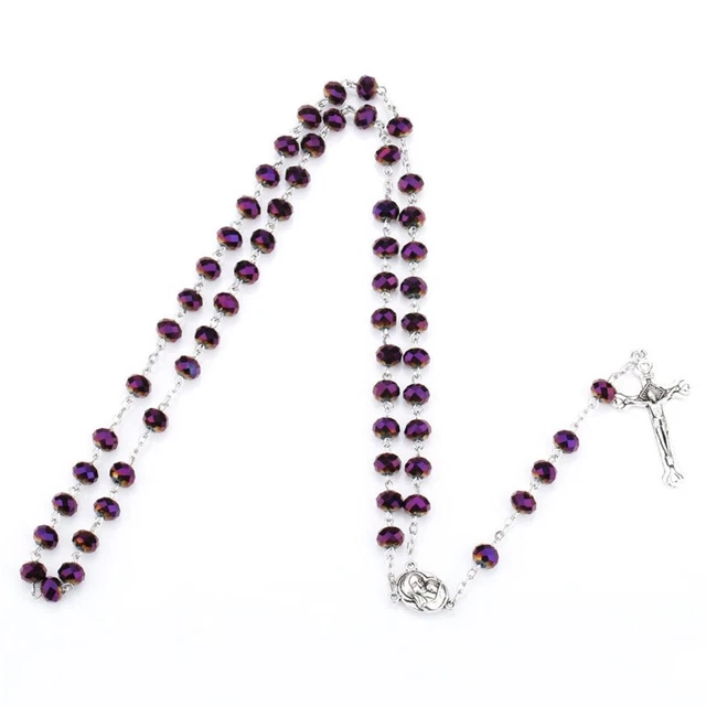 Purple Crystal Beads Rosary Necklace Catholic Holy Land Baby Christian