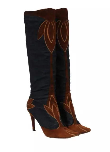 Dolce & Gabbana Womens Knee High Boots US 6.5 EU 36.5 Blue Denim Brown Suede