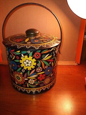 Made in England Tin Container Can With Handle Floral Design 6" high