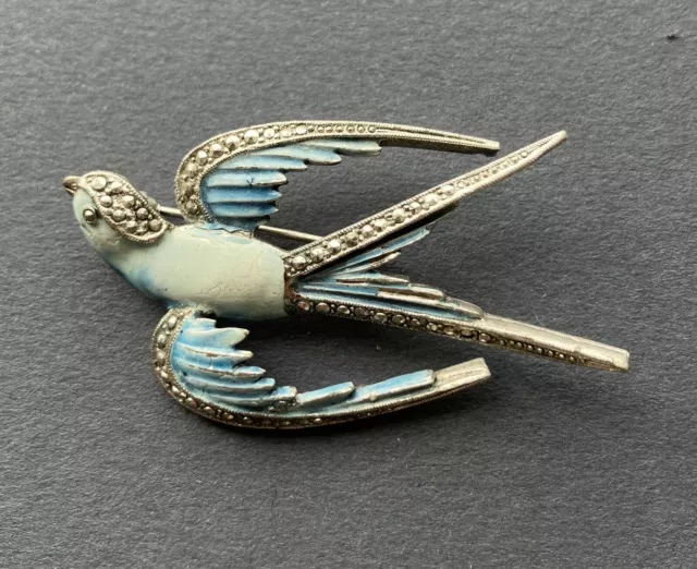 Vintage Enamel And Marcasite Blue Bird / Swallow Pin / Brooch. Art deco ?