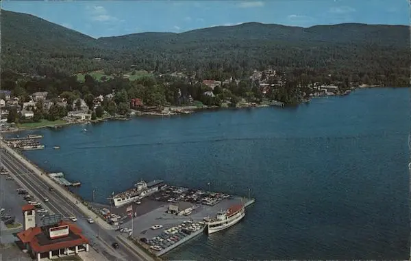 Aerial View at Head of Lake George,NY Warren County New York Dean Color Postcard
