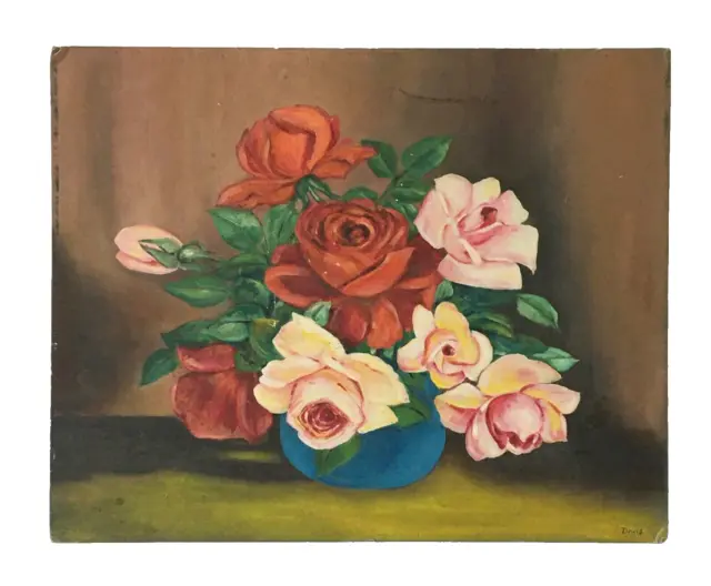 Vintage Original Oil Painting Roses in Blue Vase, Shabby Chic, Sold "As Is" 