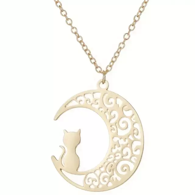 Fashion Stainless Steel Hollowed Out Moon Cute Cat Necklace New Men Women Gift