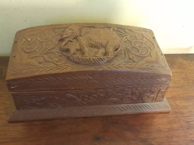 Vintage carved hardwood  Indian  box decorated with elephants