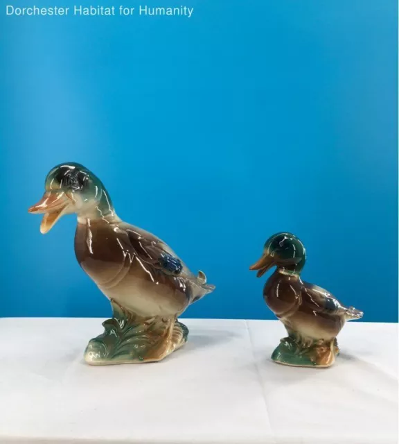 Vintage Pair of Mama Duck and Baby Duck Ceramic Figurines