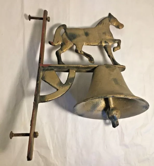 Vintage Painted Cast Iron Bell and Horse with Mounting Bracket