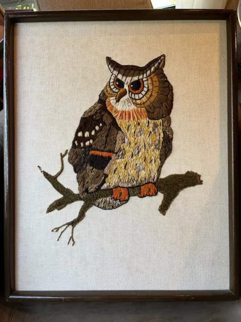 Vintage Owl Crewel Embroidery Completed Wall Decor Retro