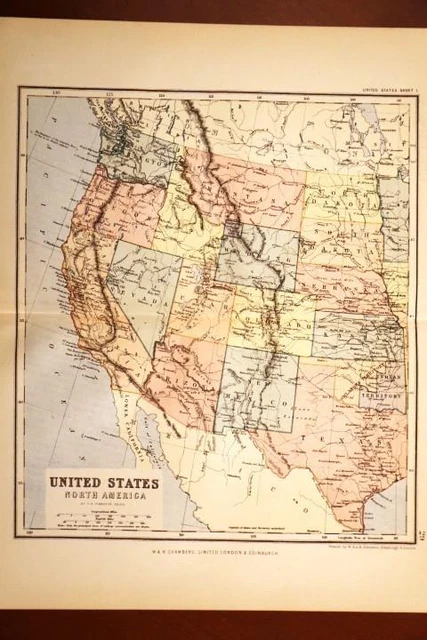 1898 Rare Antique Chambers Atlas Map-United States-Western Half-Excellent Detail