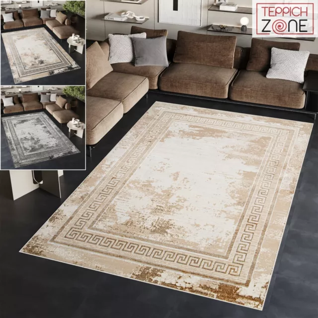 Teppich Kurzflor Glänzend Grau Beige 3D Effekt Klassich Wohnzimmer Schlafzimmer