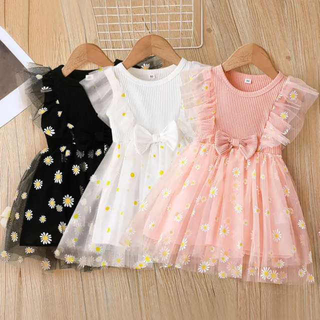 Toddler Kids Baby Girls Floral Lace Fly Sleeve Bowknot Tulle Princess Dress