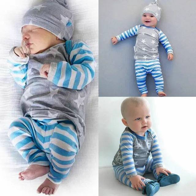 Newborn Infant Baby Boy Girl Long Sleeve Romper Tops+Pants+Hat Clothes Outfits