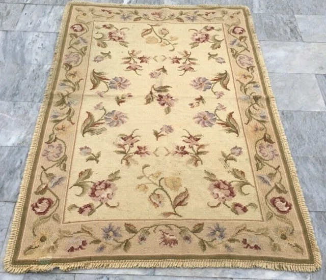 Vintage Aubusson French Style Handmade Boho Aubusson Rug Chain Stitch Rug 4x6 ft