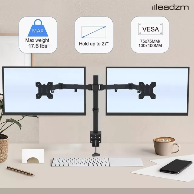 Black Double Arm Desk Mount Bracket Lcd Computer Monitor Stand 13"-27"Screen