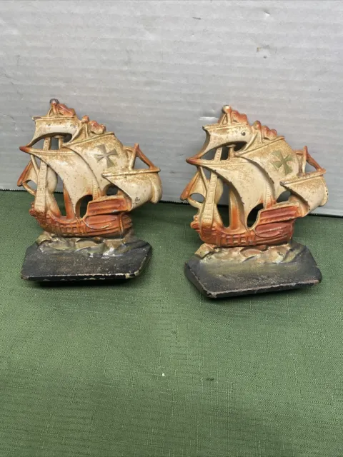 Vintage Heavy Cast Iron Sailing Boat/Ship Bookends Doorstop Nautical