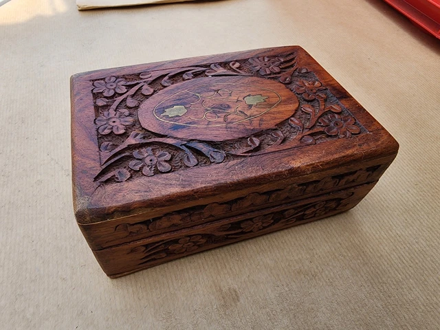 Boîte Vintage En Bois Laqué Sculptée à La Main - Pour Bijoux Ou Montres - État TOP (TBE)