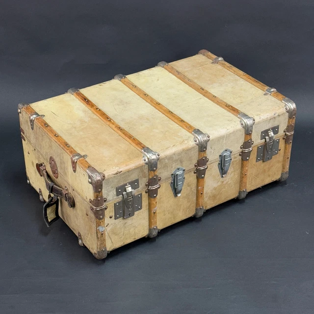 Malle De Voyage Ancienne En Tissu Beige - Valise Vintage Française, Déco Rustique
