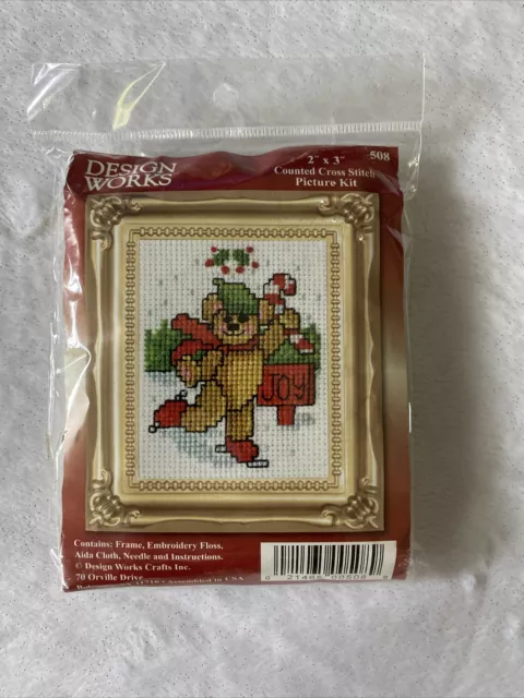 Vintage 70s Counted Cross Stitch Christmas Ornament Bells Sleigh Round Frame