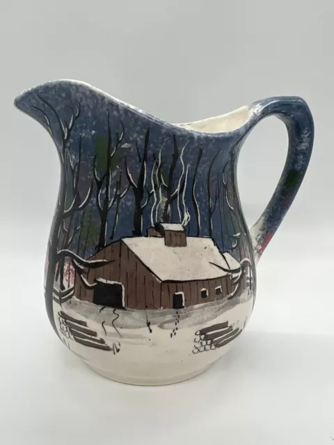 Hermitage Ceramics Pitcher Hand Painted Signed VBY Winter Barn Trees Sponge Ware