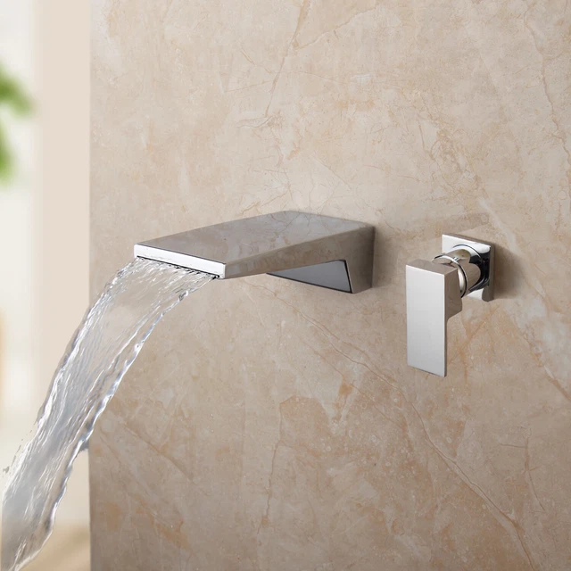 WALL MOUNTED BATHROOM Sink Taps Chrome Waterfall Tub Filler Basin Mixer ...