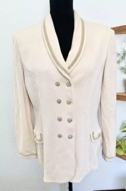 St. John Wool Knit Embroidered Double Breasted Gold Button Pockets Blazer Jacket