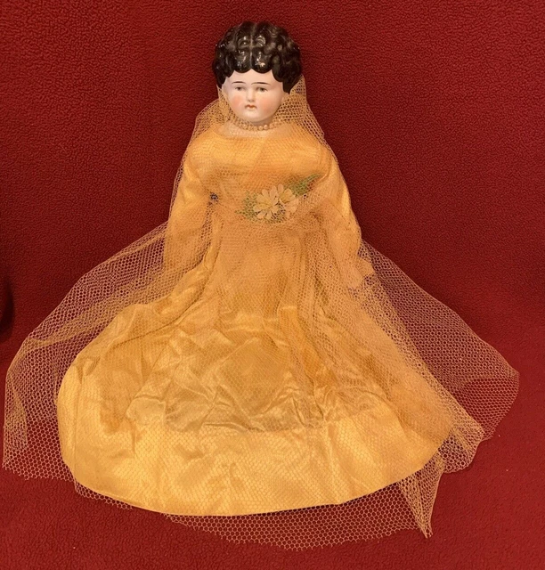 Antique Vintage China Head Doll Black Hair Hazel Eyes with Cloth Body