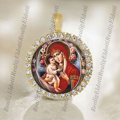 Theotokos Mother Mary w Baby, Roses Christian Orthodox Icon Gold Medal Pendant