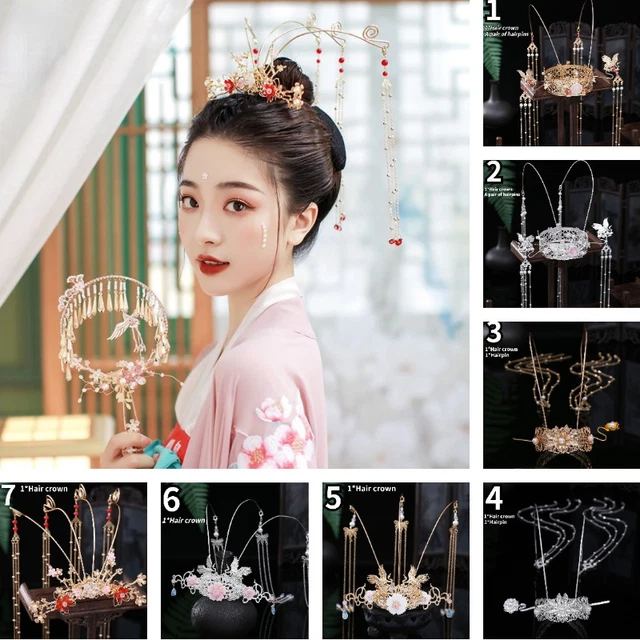Épingle à Cheveux Chinoise Hanfu Couronne De Perles Avec Gland Et Bâton - Doré, Fleur, Pour Cheveux Longs