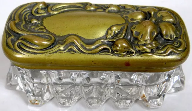 Antique Vanity Trinket Jewelry Box Art Nouveau Brass Repousse Vtg Glass 1890s