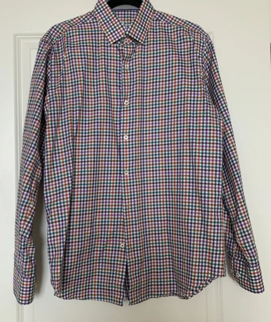 Bugatchi Mens M Shaped Fit Button Up Long Sleeve Shirt Houndstooth 100% Cotton