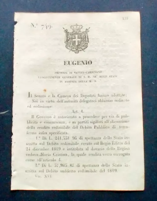 Decreto Eugenio - Governo autorizzato a procede per via di pubblicità - 1848