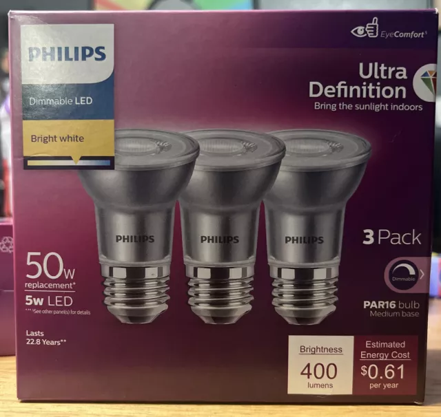 Philips 3pk 50w Par16 Medium Base LED 5w Dimmable Ultra Definition New