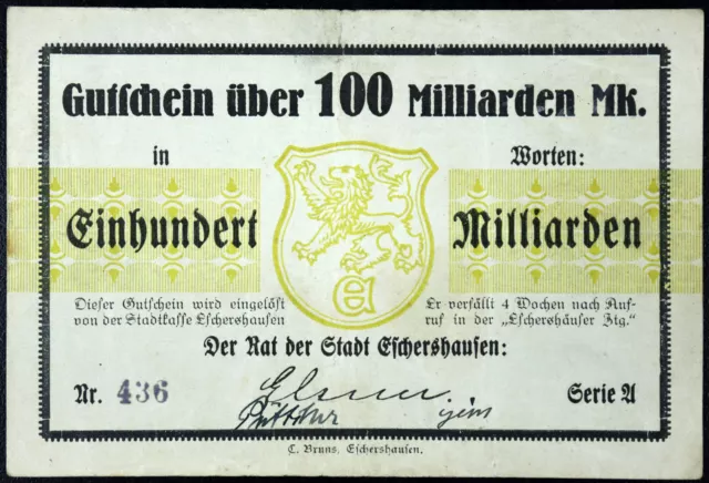 ESCHERSHAUSEN 1923 100 Milliarden = 100 Billion Mark Inflation Notgeld Banknote