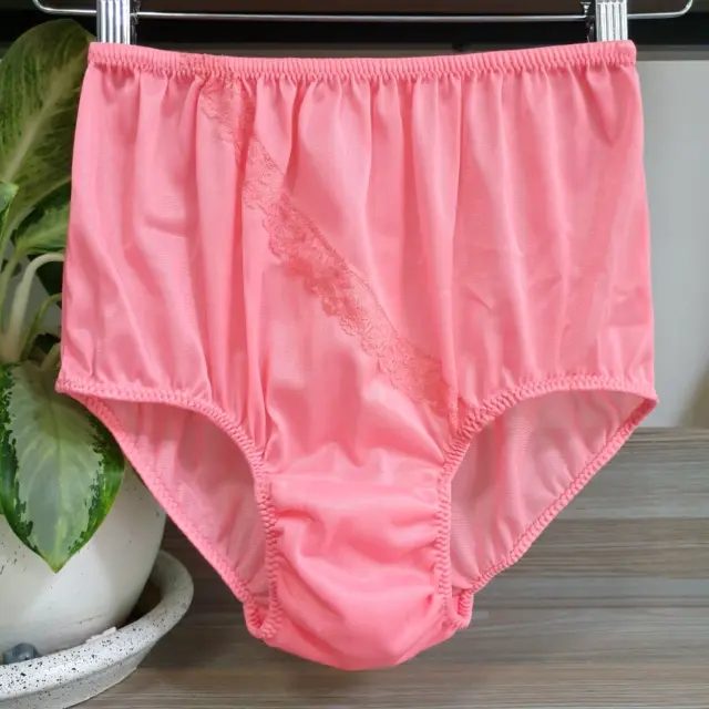 VINTAGE SILKY NYLON Panty Coral Pink Sissy Lace Granny Brief Size 6/M ...