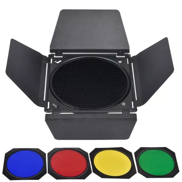 Professional Barn Door and Honeycomb Grid Kit with 4 Color Filters for Studio