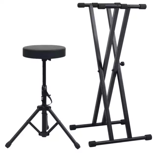 Set de soporte para teclado con doble refuerzo y taburete negro vidaXL