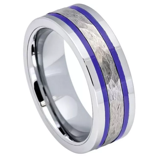 Tungsten Ring Band Pipe-Cut Hammered Center with Two Blue For Men & Women