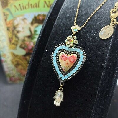 Michal Negrin Heart & Hamsa Pendant Necklace Cameo Roses Turquoise Crystals Gift