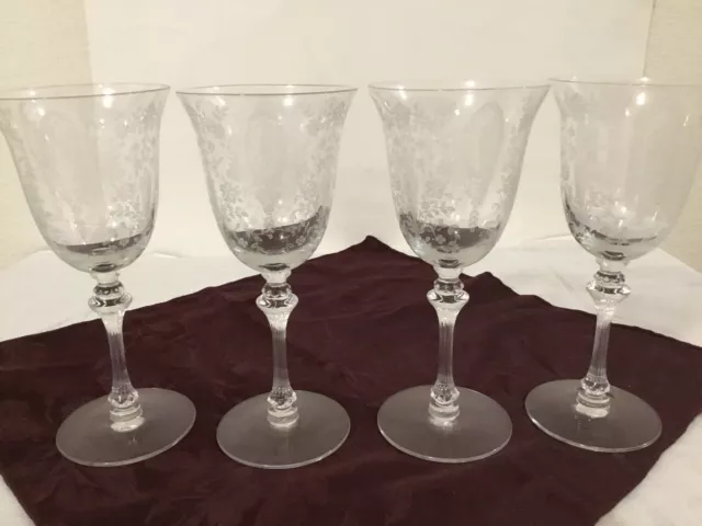 Set of 4 Tiffin Co. June Night Etched Crystal 8" Water or Wine Glasses 1941-66