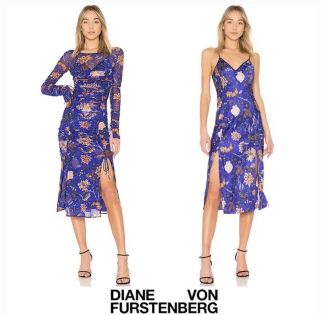 10 12 Diane Von Furstenberg Canton Electric Blue Floral 2 Pc Ruched Midi Dress