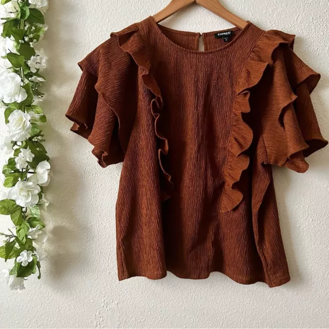 EUC$60 Size M Express Burnt Brown Orange Short Sleeve Textured Double Ruffle Top 2