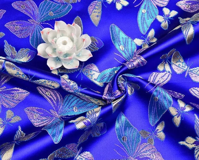 28" Wide Japanese Kimono Silk Satin Brocade Fabric: Metallic Butterfly Blue