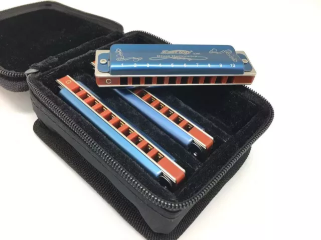 EASTTOP 10hole Harmonica Set T008K-3 Set Mouth Organ in One Case Blue Covers