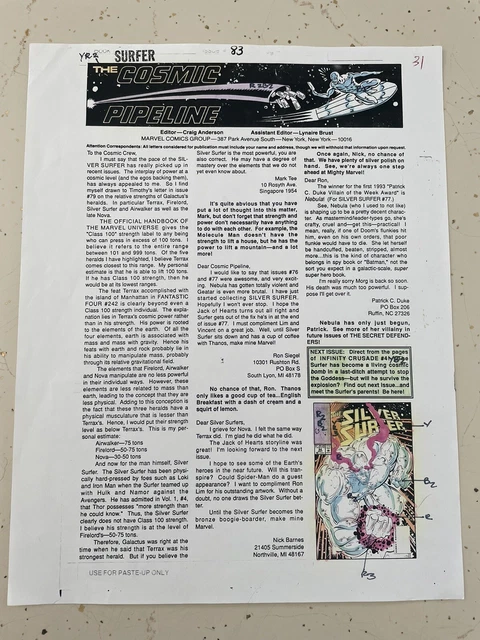 SILVER SURFER #83 ART original color guide 1993 letters page COSMIC PIPELINE