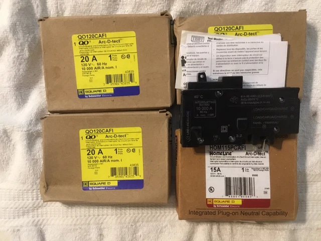 LOT Of Four Breakers. (3)QO120CAFI QO 20A Arc Fault Breakers & (1) HOM115PCAFI.