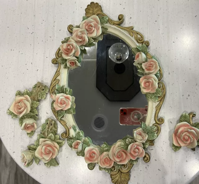 Vintage Home Interiors Oval Mirror with Light Pink Roses 18”x11”